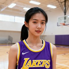 一位年轻女性篮球爱好者的头像照片，她扎着马尾辫穿着湖人队球衣，背景是明亮的室内篮球场